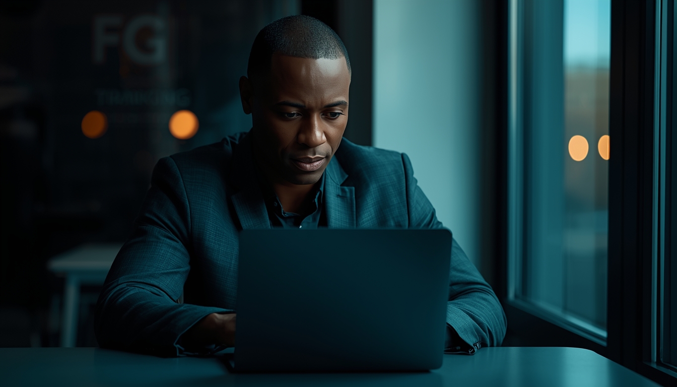 Coach focused on laptop in a modern workspace