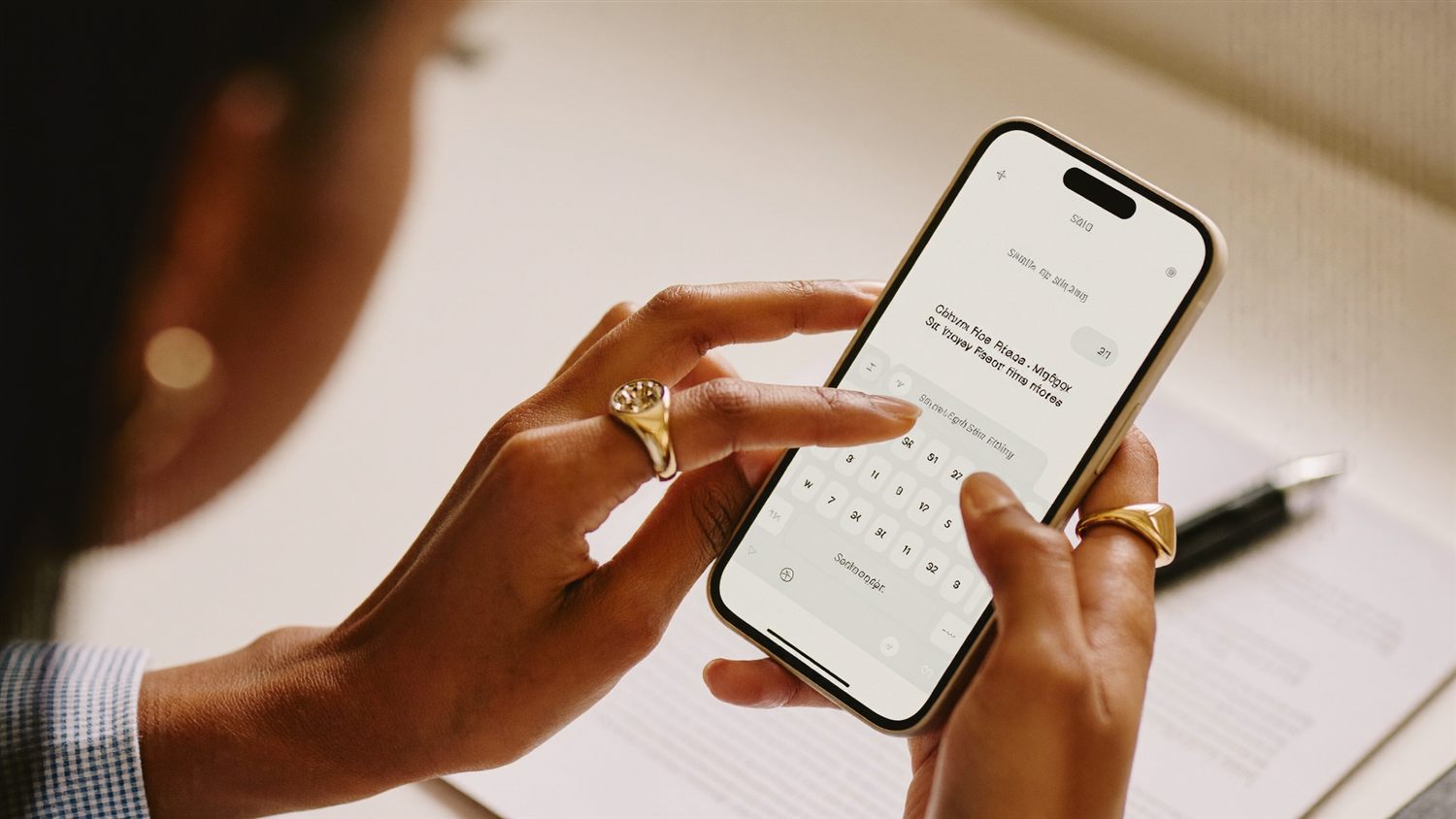 Hands calmly typing a message on a phone at a bright desk