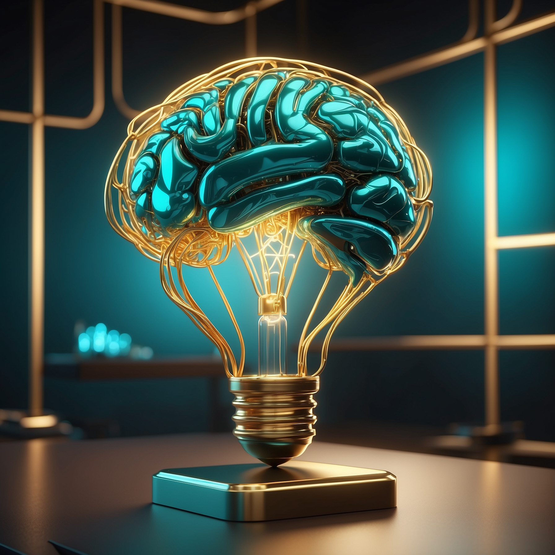 A glowing teal brain-bulb sculpture on a desk
