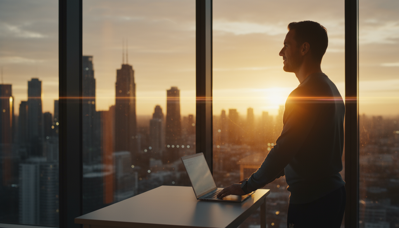 Coach closing laptop at sunset, city skyline