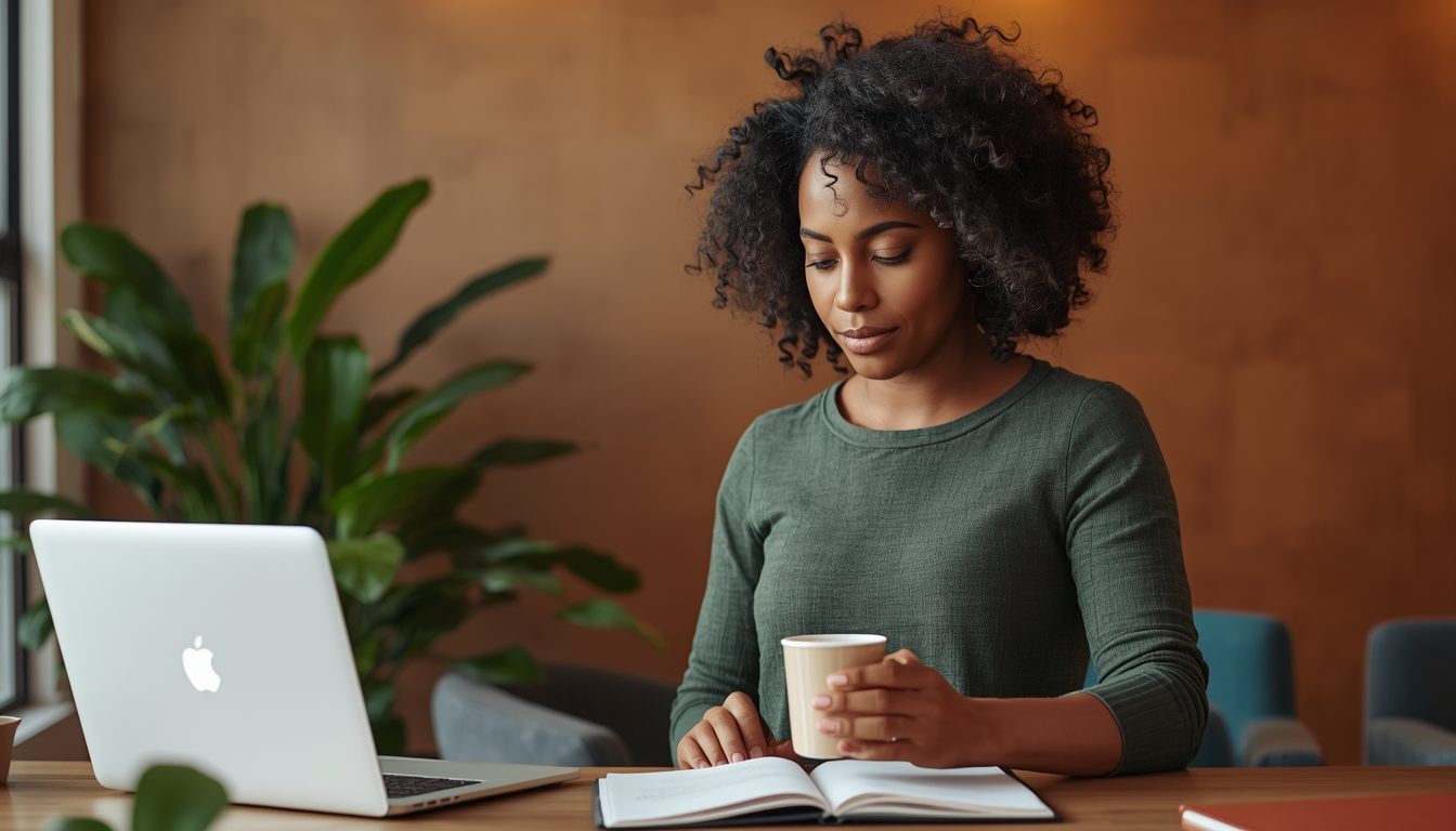 A coach pausing with a cup of tea at a warm, calm desk